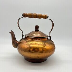 Vintage Copper Teapot Kettle with Wooden Handle Kitchen Decor